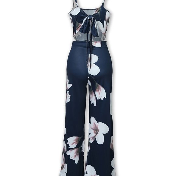 Boho Navy Blue Floral Wide Leg Jumpsuit - Picture 6 of 8